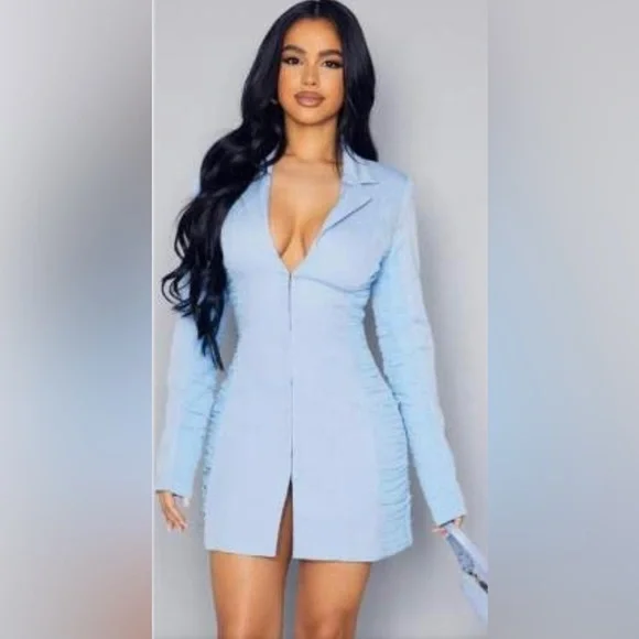Women's Petite Blue Ruched Detail Fitted Blazer Dress | Size: 8 PrettyLittleThing | Dresses | Petite Blue Ruched Detail Fitted Blazer Dress  | Poshmark